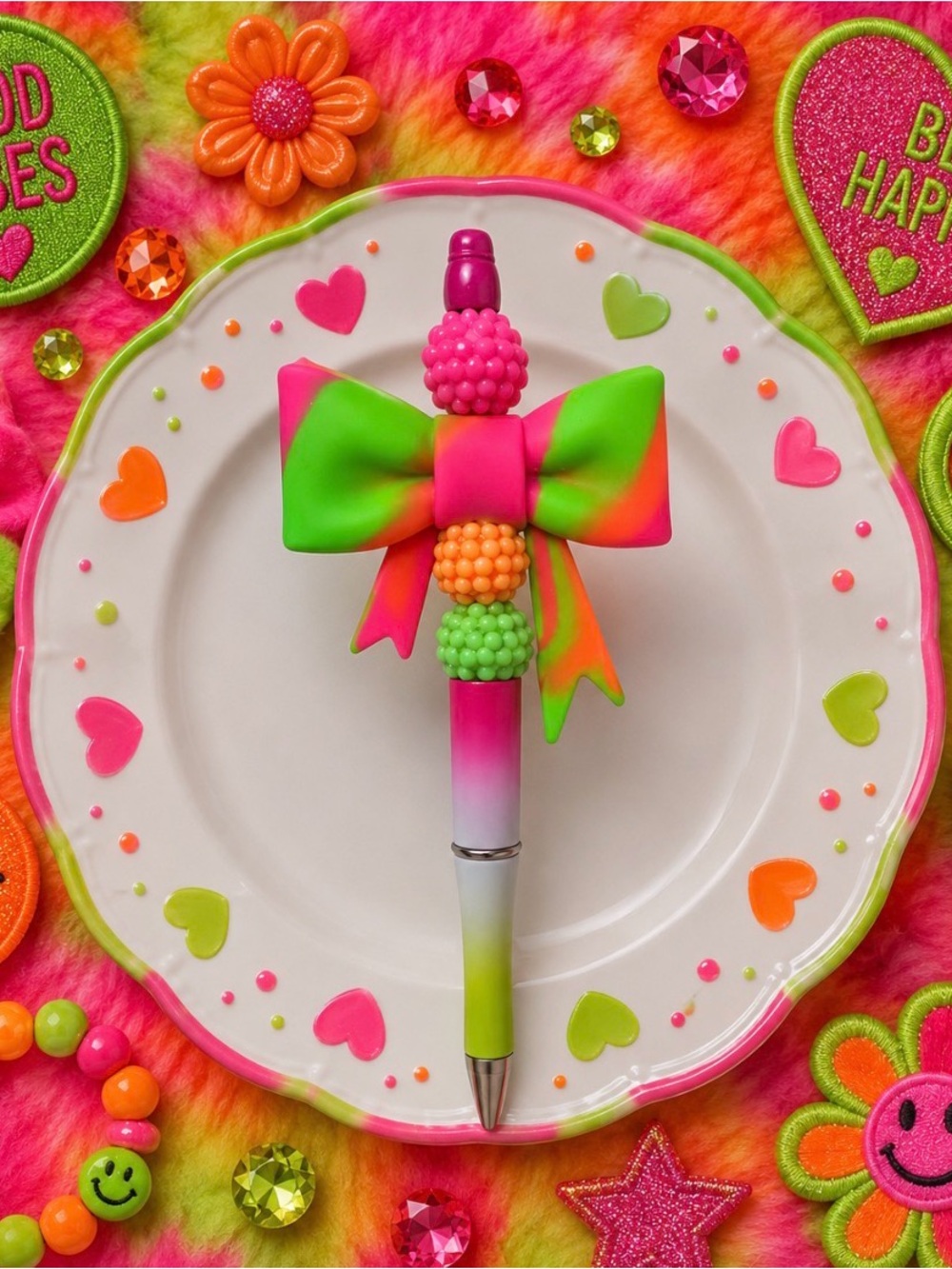 Handmade Neon Pink & Green Bow Pen — Playful Beaded Accent
